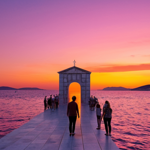 Home 11 A breathtaking, immersive sunset in Zadar, Croatia. The sky is ablaze with vibrant, impossible colors of orange, pink, and deep purple, reflecting on the calm Adriatic Sea. In the foreground, the unique Sea Organ plays its melancholic melodies, and next to it, the Sun Salutation installation begins its mesmerizing post-sunset light show, creating a harmonious blend of art, nature, and sound. People are seen admiring the spectacle in awe, capturing the multisensory and deeply reflective experience of Zadar's iconic evening.