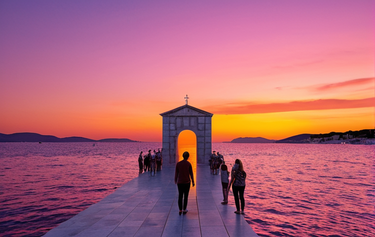 A breathtaking, immersive sunset in Zadar, Croatia. The sky is ablaze with vibrant, impossible colors of orange, pink, and deep purple, reflecting on the calm Adriatic Sea. In the foreground, the unique Sea Organ plays its melancholic melodies, and next to it, the Sun Salutation installation begins its mesmerizing post-sunset light show, creating a harmonious blend of art, nature, and sound. People are seen admiring the spectacle in awe, capturing the multisensory and deeply reflective experience of Zadar's iconic evening.