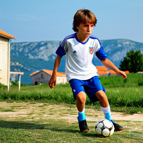 Home 6 **
"Luka Modrić as a young boy in Croatia, playing soccer in a humble setting, fully clothed in modest athletic wear, demonstrating passion and determination. Background shows a simple village scene. Safe for work, appropriate content, family-friendly, perfect anatomy, correct proportions, natural lighting, realistic style."
**